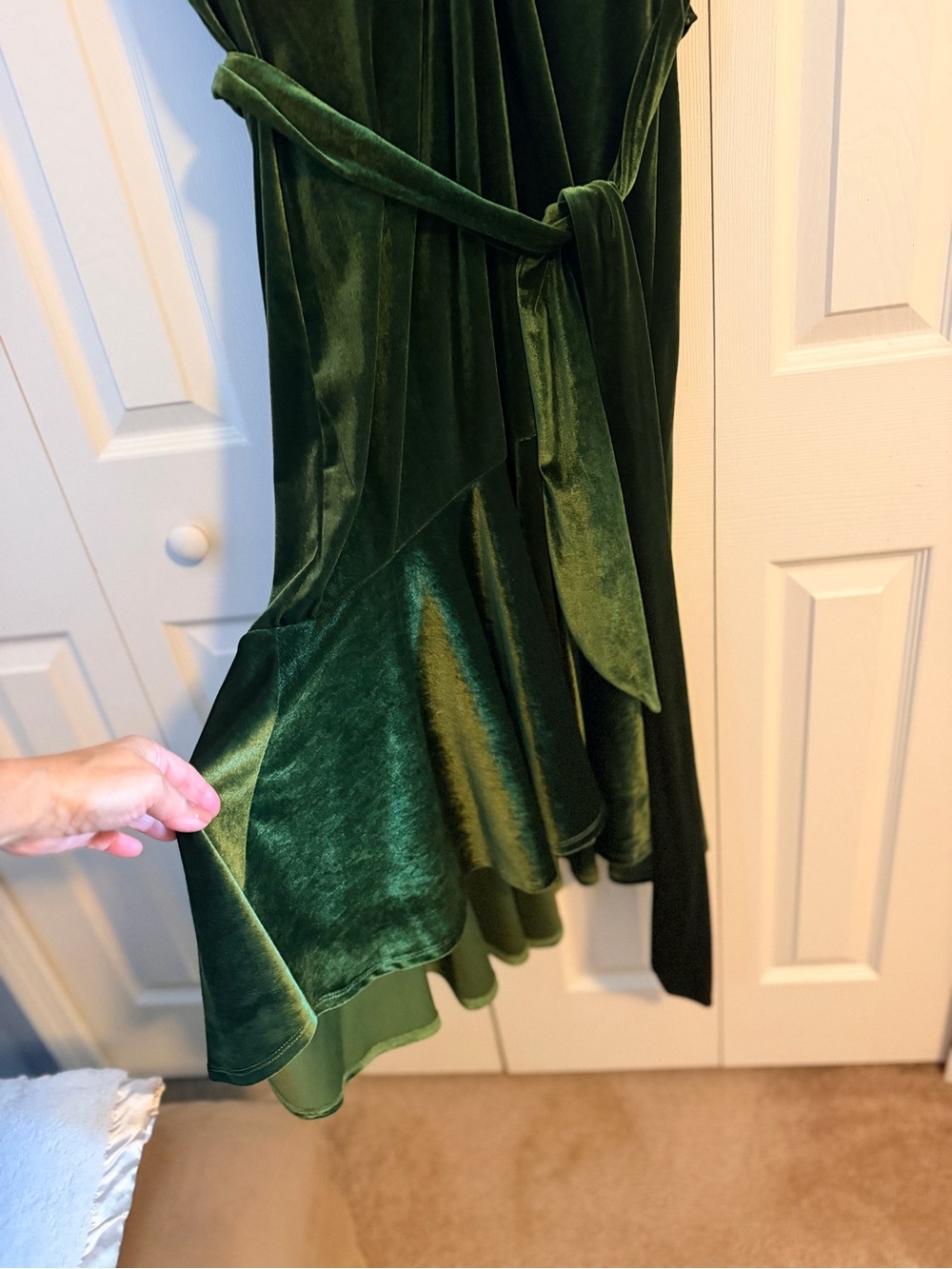 Taylor Emerald Green Velvet Asymmetrical Wrap Dress - Picture 3 of 5